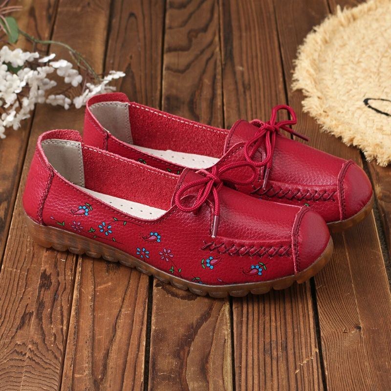 Dam Bowknot Blommor Utskrift Bekväm Halkfri Mjuk Sula Casual Leather Loafers