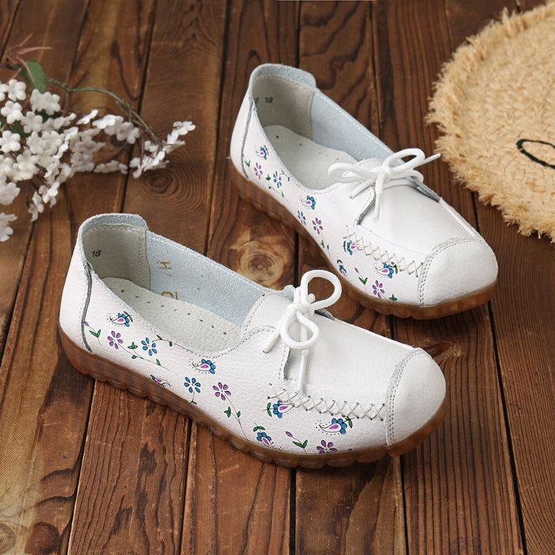 Dam Bowknot Blommor Utskrift Bekväm Halkfri Mjuk Sula Casual Leather Loafers