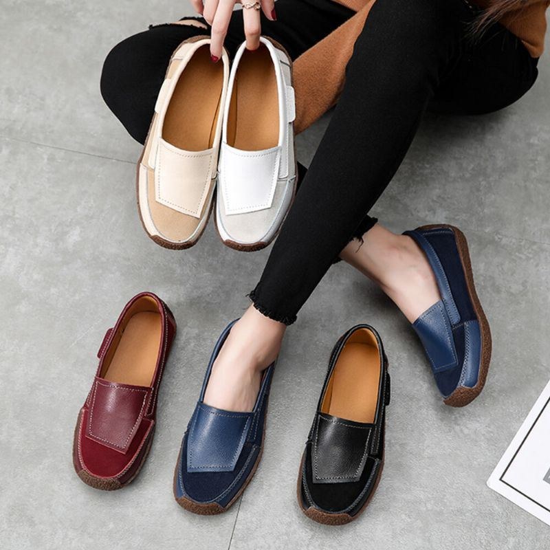 Dam Comfy Leather Splicing Soft Slip On Flat Loafers