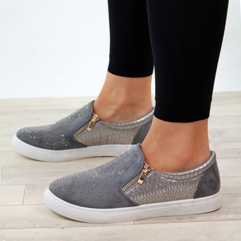 Dam Dubbelstorlek Dragkedja Strassdekor Bekväma Halkfria Casual Flats