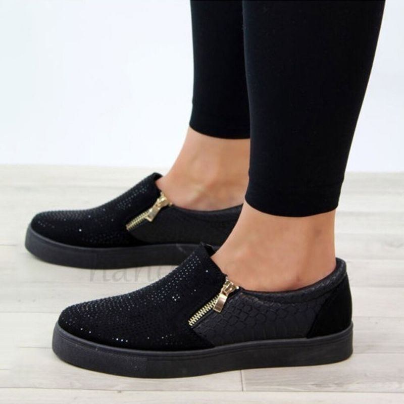 Dam Dubbelstorlek Dragkedja Strassdekor Bekväma Halkfria Casual Flats