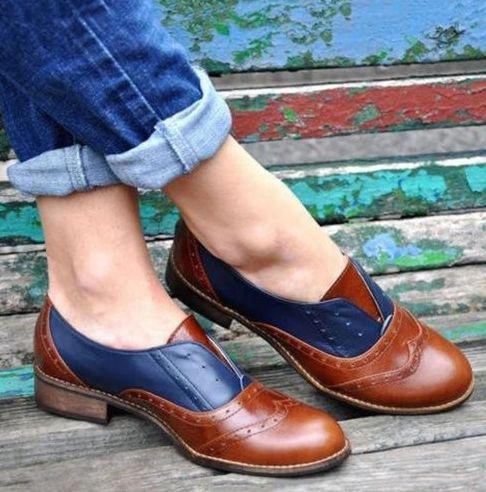 Dam Färg Splitsning Fyrkantig Klack Rund Tå Brogue Oxfords Casual Flats Loafers