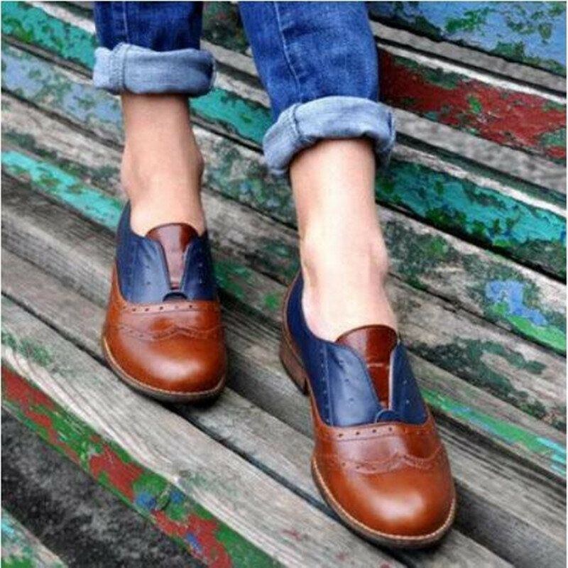 Dam Färg Splitsning Fyrkantig Klack Rund Tå Brogue Oxfords Casual Flats Loafers