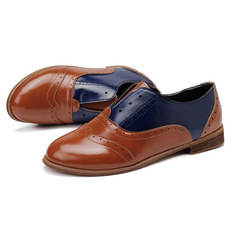 Dam Färg Splitsning Fyrkantig Klack Rund Tå Brogue Oxfords Casual Flats Loafers