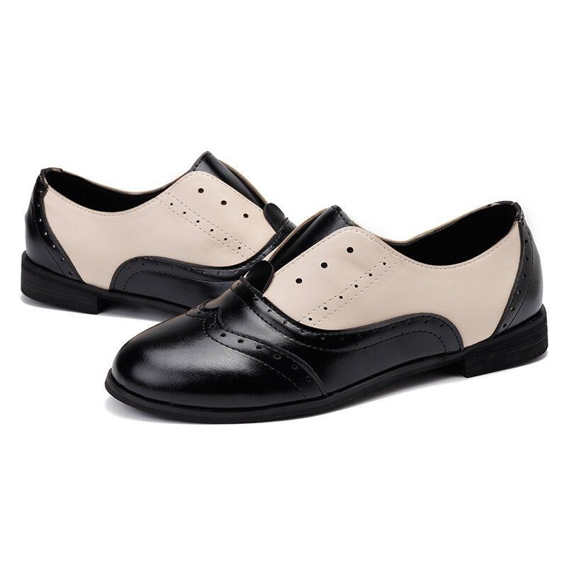 Dam Färg Splitsning Fyrkantig Klack Rund Tå Brogue Oxfords Casual Flats Loafers