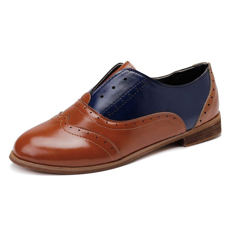 Dam Färg Splitsning Fyrkantig Klack Rund Tå Brogue Oxfords Casual Flats Loafers