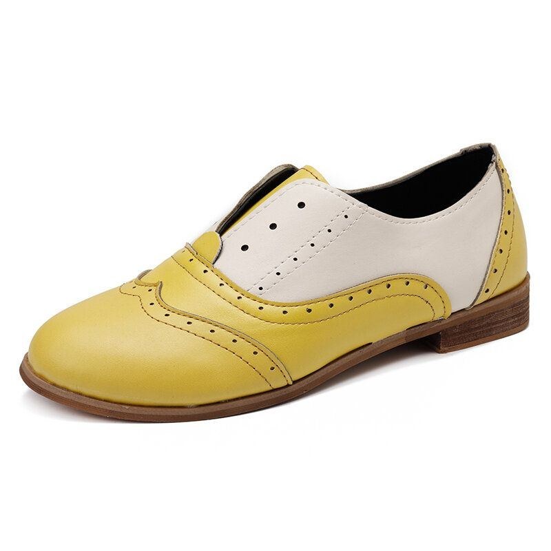 Dam Färg Splitsning Fyrkantig Klack Rund Tå Brogue Oxfords Casual Flats Loafers