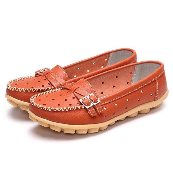 Dam Flat Hollow Out Casual Mjukt Läder Slip On Round Toe Loafers