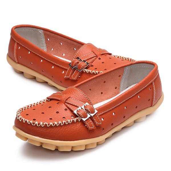 Dam Flat Hollow Out Casual Mjukt Läder Slip On Round Toe Loafers