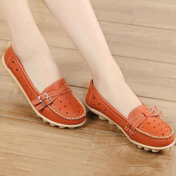 Dam Flat Hollow Out Casual Mjukt Läder Slip On Round Toe Loafers