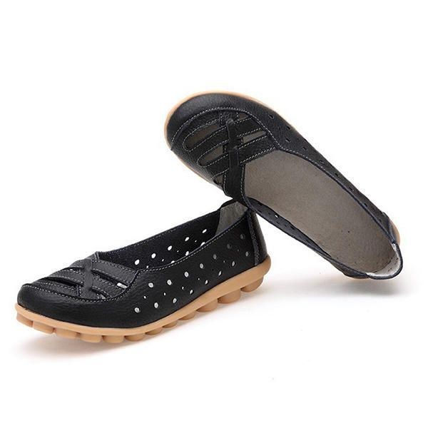 Dam Flats Skor Bekväma Mjuk Slip On Hollow Out Läder Casual Flat Loafers Skor