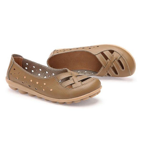 Dam Flats Skor Bekväma Mjuk Slip On Hollow Out Läder Casual Flat Loafers Skor