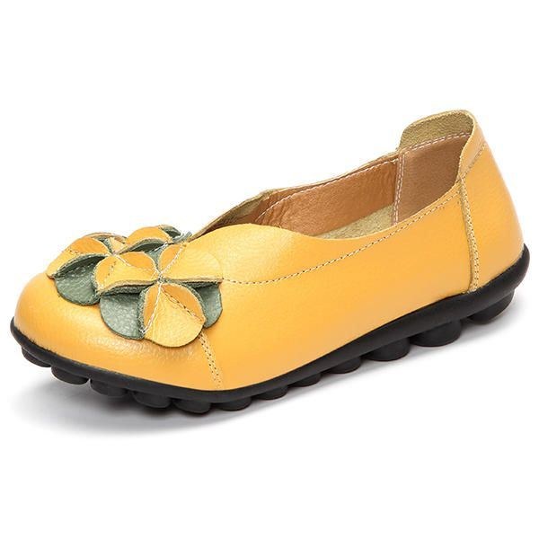 Dam Flower Flat Shoes Casual Outdoor Läder Slip On Round Toe Loafers