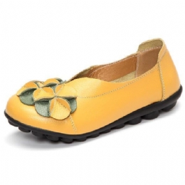 Dam Flower Flat Shoes Casual Outdoor Läder Slip On Round Toe Loafers