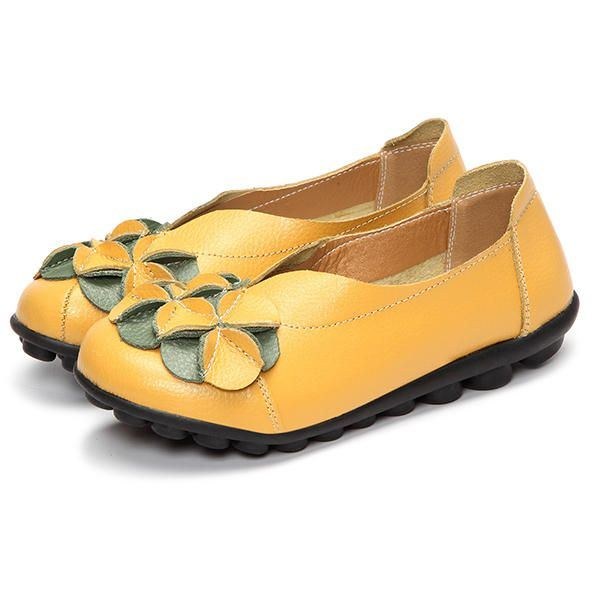 Dam Flower Flat Shoes Casual Outdoor Läder Slip On Round Toe Loafers