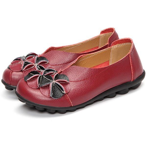 Dam Flower Flat Shoes Casual Outdoor Läder Slip On Round Toe Loafers