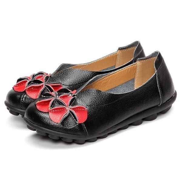 Dam Flower Flat Shoes Casual Outdoor Läder Slip On Round Toe Loafers