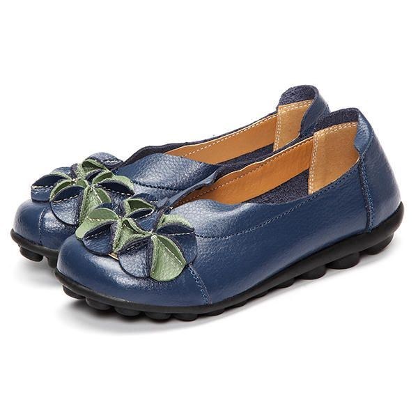 Dam Flower Flat Shoes Casual Outdoor Läder Slip On Round Toe Loafers