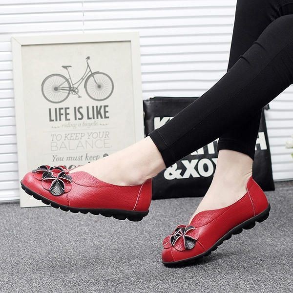 Dam Flower Flat Shoes Casual Outdoor Läder Slip On Round Toe Loafers