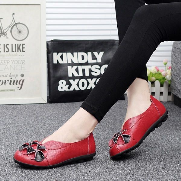 Dam Flower Flat Shoes Casual Outdoor Läder Slip On Round Toe Loafers