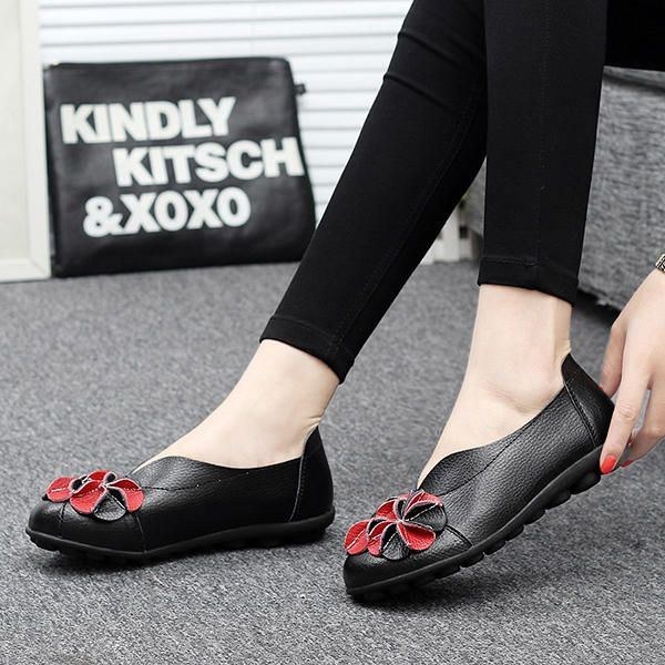 Dam Flower Flat Shoes Casual Outdoor Läder Slip On Round Toe Loafers