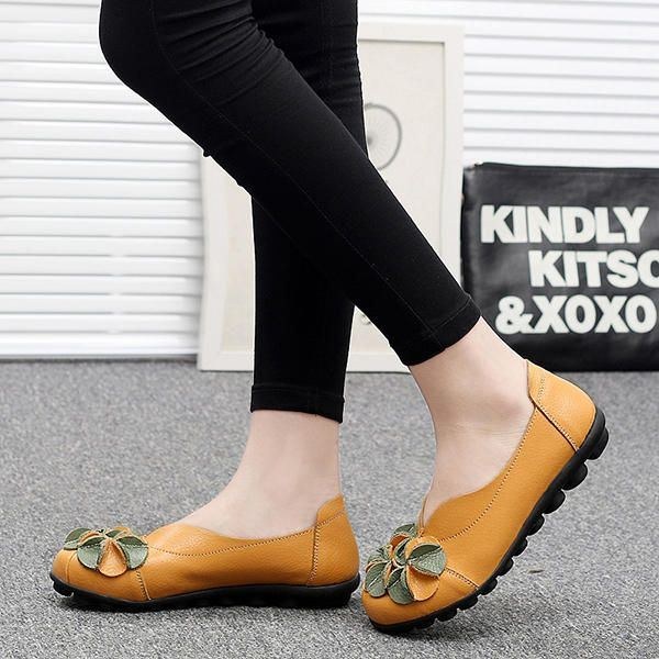 Dam Flower Flat Shoes Casual Outdoor Läder Slip On Round Toe Loafers