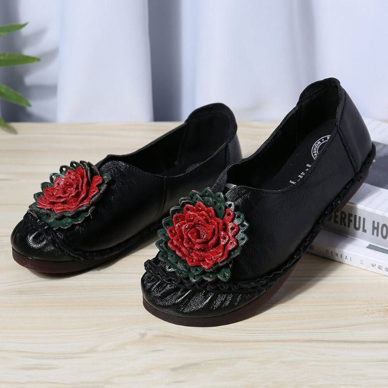 Dam Folkways Stricing Blommor Bekväm Mjuk Sula Casual Flat Loafers