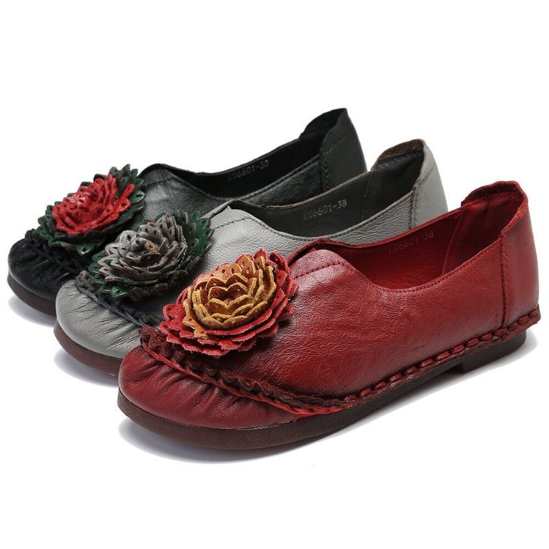 Dam Folkways Stricing Blommor Bekväm Mjuk Sula Casual Flat Loafers