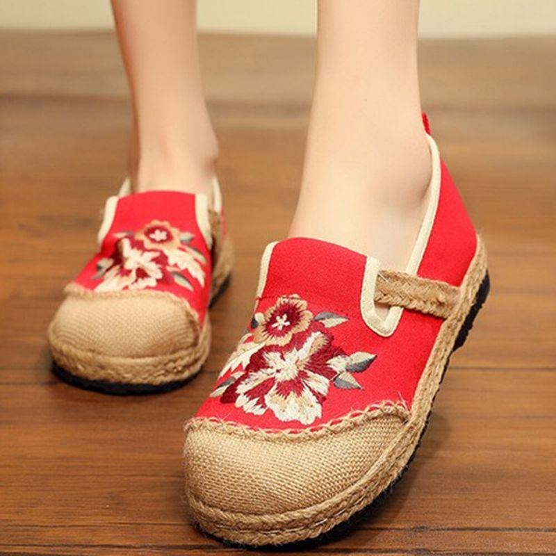 Dam Gamla Peking Blommor Broderi Casual Espadrille Loafers