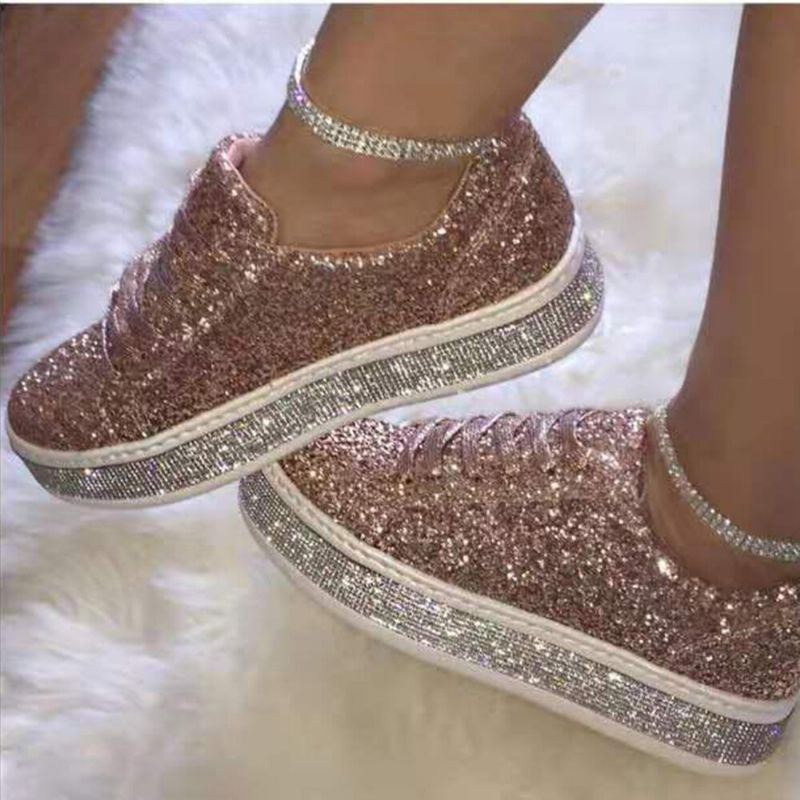 Dam Glitter Paljetter Mode Snörning Party Casual Plattform Skor Flats