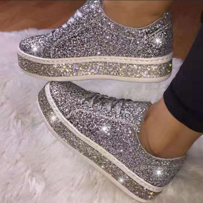 Dam Glitter Paljetter Mode Snörning Party Casual Plattform Skor Flats