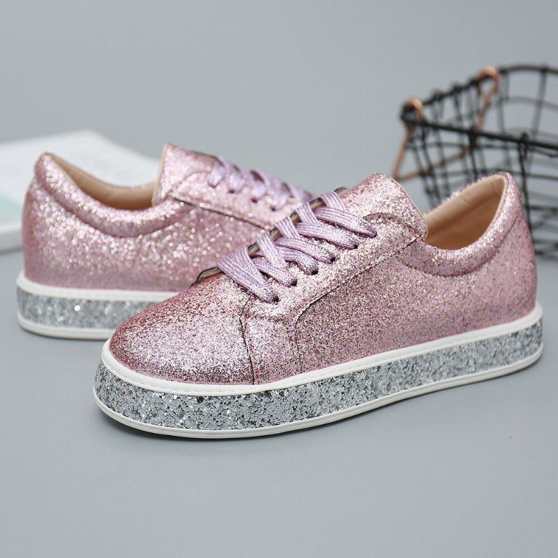 Dam Glitter Paljetter Mode Snörning Party Casual Plattform Skor Flats