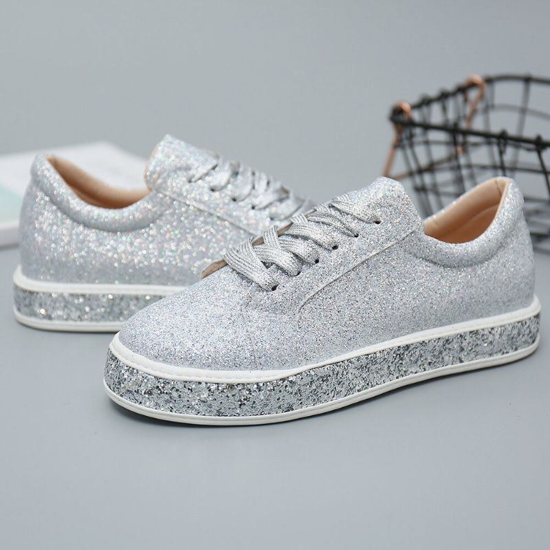 Dam Glitter Paljetter Mode Snörning Party Casual Plattform Skor Flats