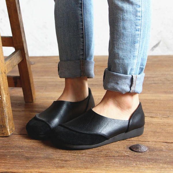 Dam Mjuka Läder Slip On Mönster Match Casual Flat Shoes