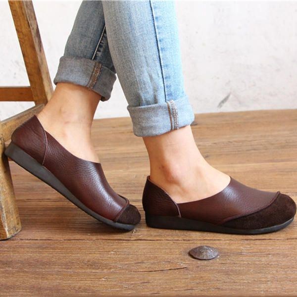 Dam Mjuka Läder Slip On Mönster Match Casual Flat Shoes