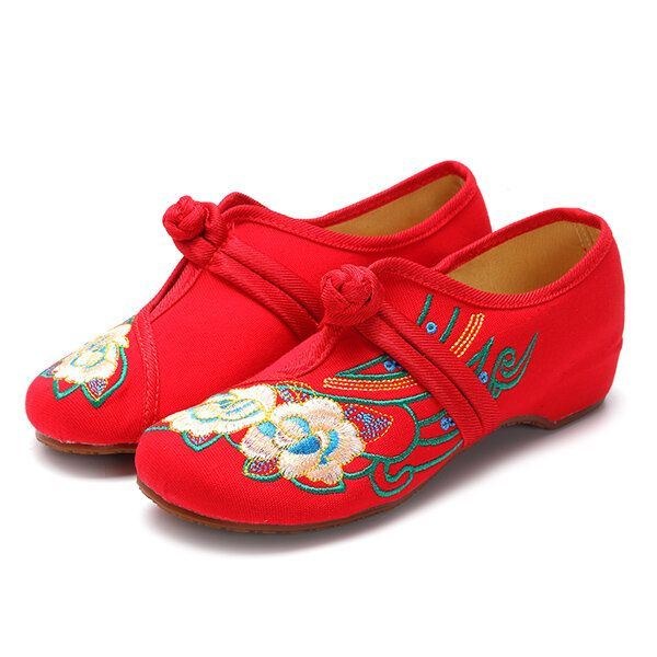 Dam Snört Tyg Kinesiska Broderade Flower Flat Loafers