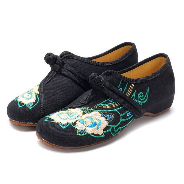 Dam Snört Tyg Kinesiska Broderade Flower Flat Loafers