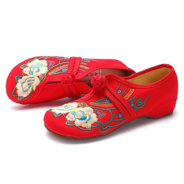 Dam Snört Tyg Kinesiska Broderade Flower Flat Loafers