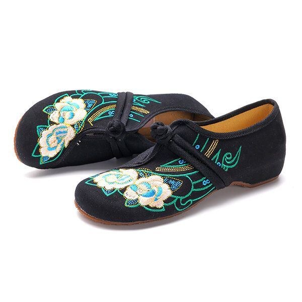 Dam Snört Tyg Kinesiska Broderade Flower Flat Loafers