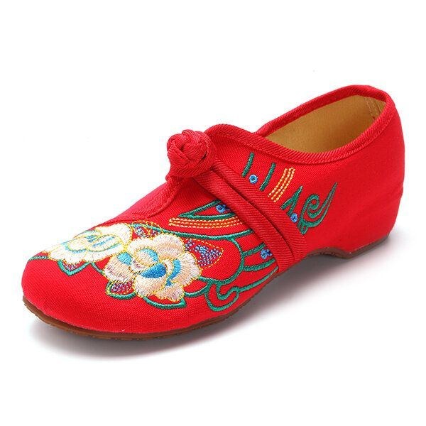 Dam Snört Tyg Kinesiska Broderade Flower Flat Loafers