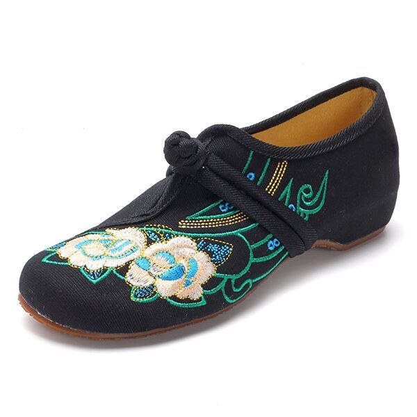 Dam Snört Tyg Kinesiska Broderade Flower Flat Loafers