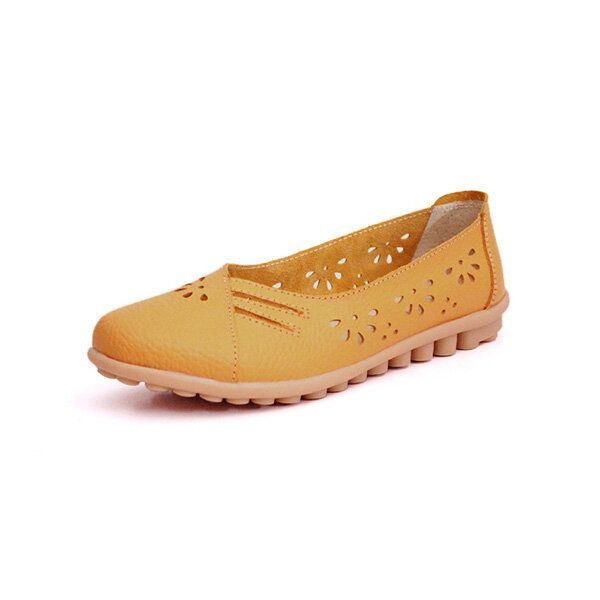 Dam Sommar Utomhus Bekväm Mjukt Casual Läder Ihåligt Flat Loafers Skor