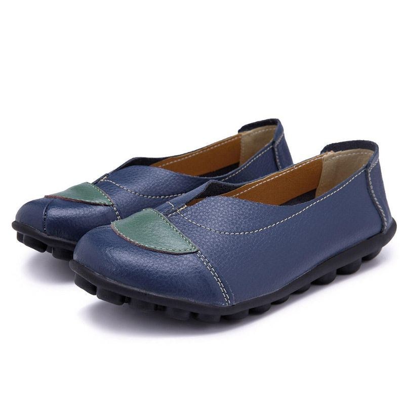 Dam V-formade Sömmar Läder Casual Flat Loafers Skor