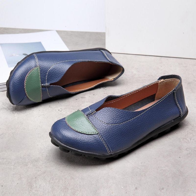 Dam V-formade Sömmar Läder Casual Flat Loafers Skor