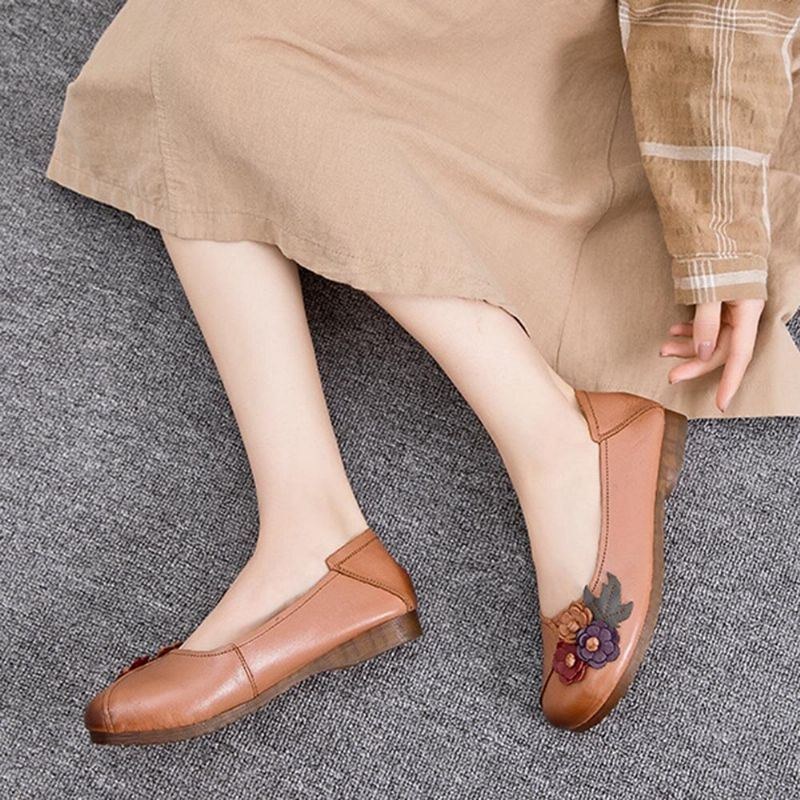 Dam Vintage Blommig Rund Tå Äkta Läder Mjuk Sula Slip On Comfy Flats