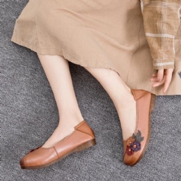 Dam Vintage Blommig Rund Tå Äkta Läder Mjuk Sula Slip On Comfy Flats