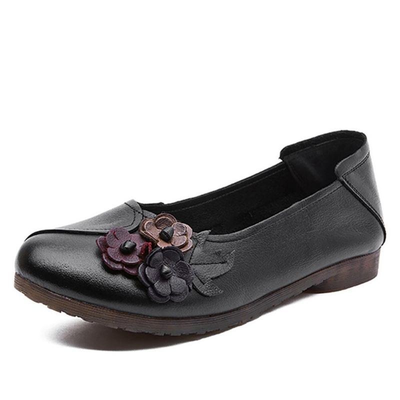 Dam Vintage Blommig Rund Tå Äkta Läder Mjuk Sula Slip On Comfy Flats