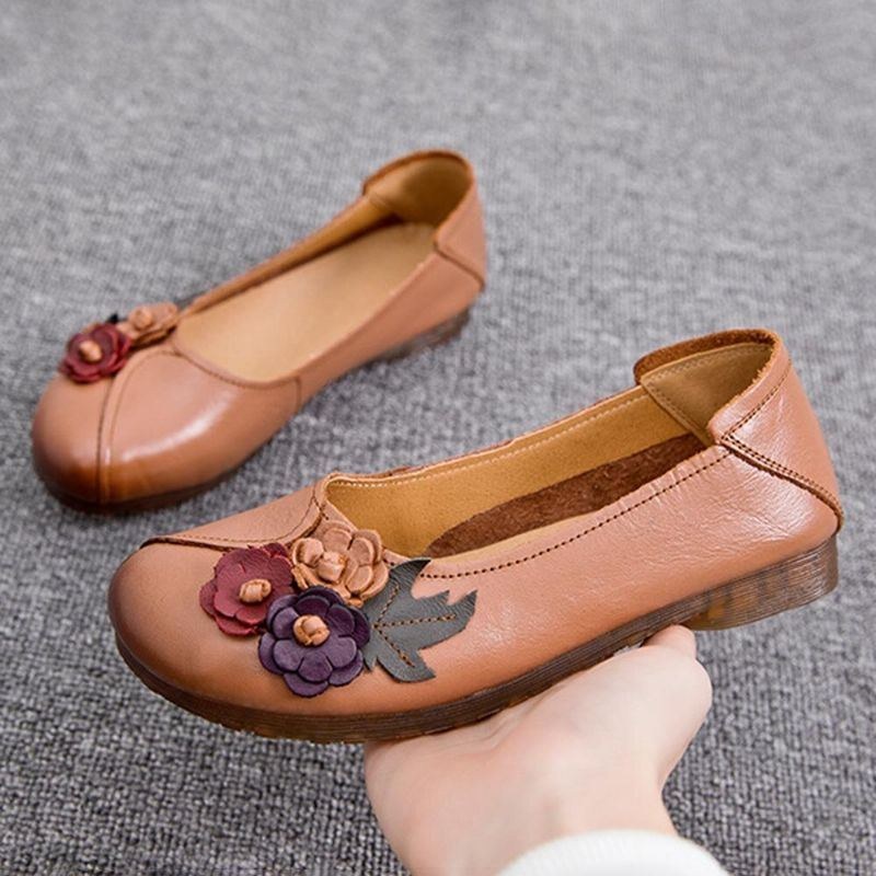 Dam Vintage Blommig Rund Tå Äkta Läder Mjuk Sula Slip On Comfy Flats