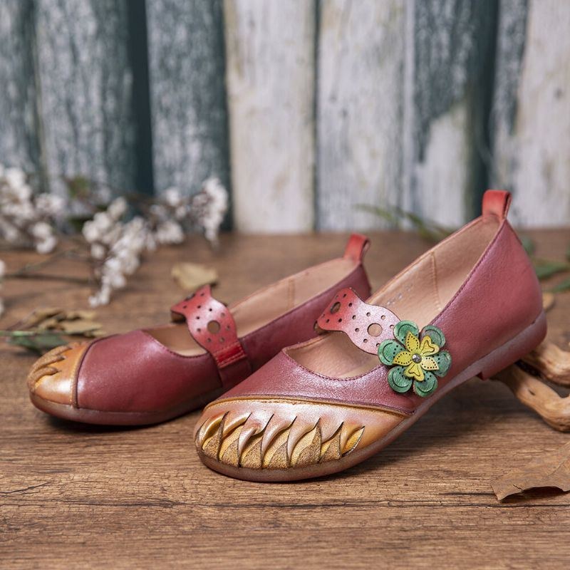 Dam Vintage Handgjorda Mjuka Läderblommiga Kardborrband Slip On Flat Shoes