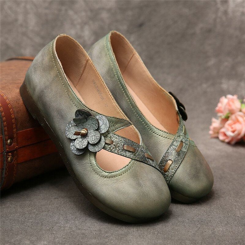 Dam Vintage Handgjorda Mjuka Läderblommiga Remmar Grön Slip On Flat Shoes